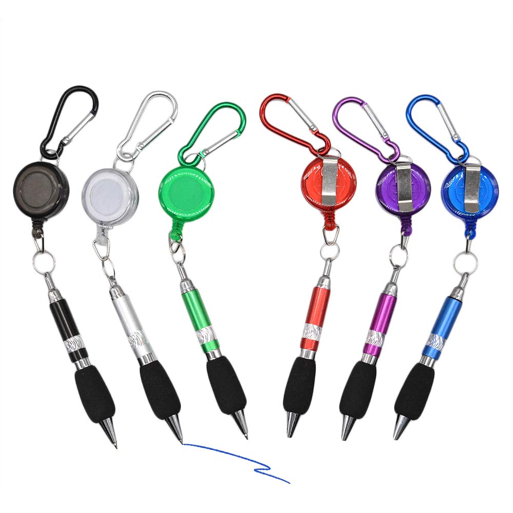 3-in-1 Handy Retractable Badge Reel Pen Belt Clip Keychain Carabinerm with Retractable Pen (Set of 6)