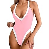 ChiaoLezhee Color Block Swimsuit, Plunge V Neck High Cut, Pool Party Vacation, Sexy Backless One Piece Bathing Suit Cheeky