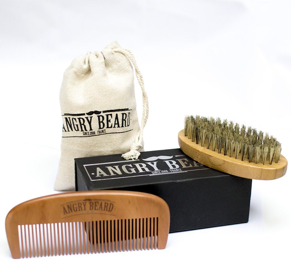 Mens Beard Brush and Beard Comb Set - Beard Brush and Comb Kit - Natural Boar Bristle Beard Brush & Wooden Handmade Sandal Wood Beard Comb for Grooming, Styling & Shaping with Beard Box and Carrying Bag