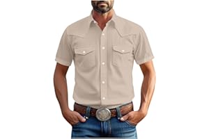 Mens Cowboy Work Shirts,Cotton Linen Pearl Snap Button Down Western T-Shirt Summer Outdoor Casual Blouse with Pocket