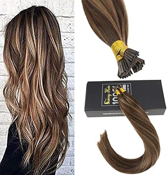 Sunny I Tip Hair Extensions Dark Brown Highlights Caramel Blonde
