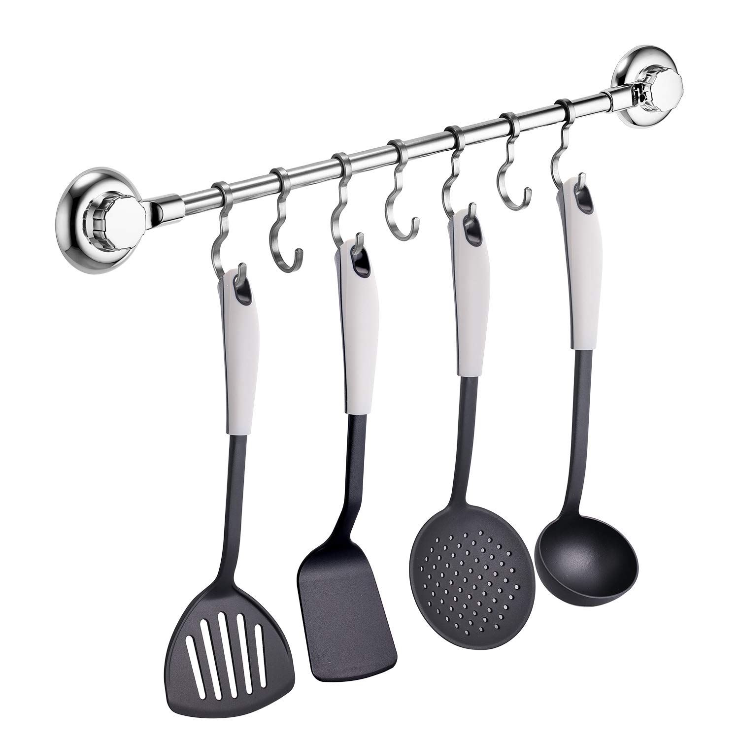 MaxHold No-Drilling/Suction Cup Steel Towel/Utensil Rack with 7 Adjustable Hooks - Vaccum System - Stainless Steel Never Rust - for Bathroom & Kitchen
