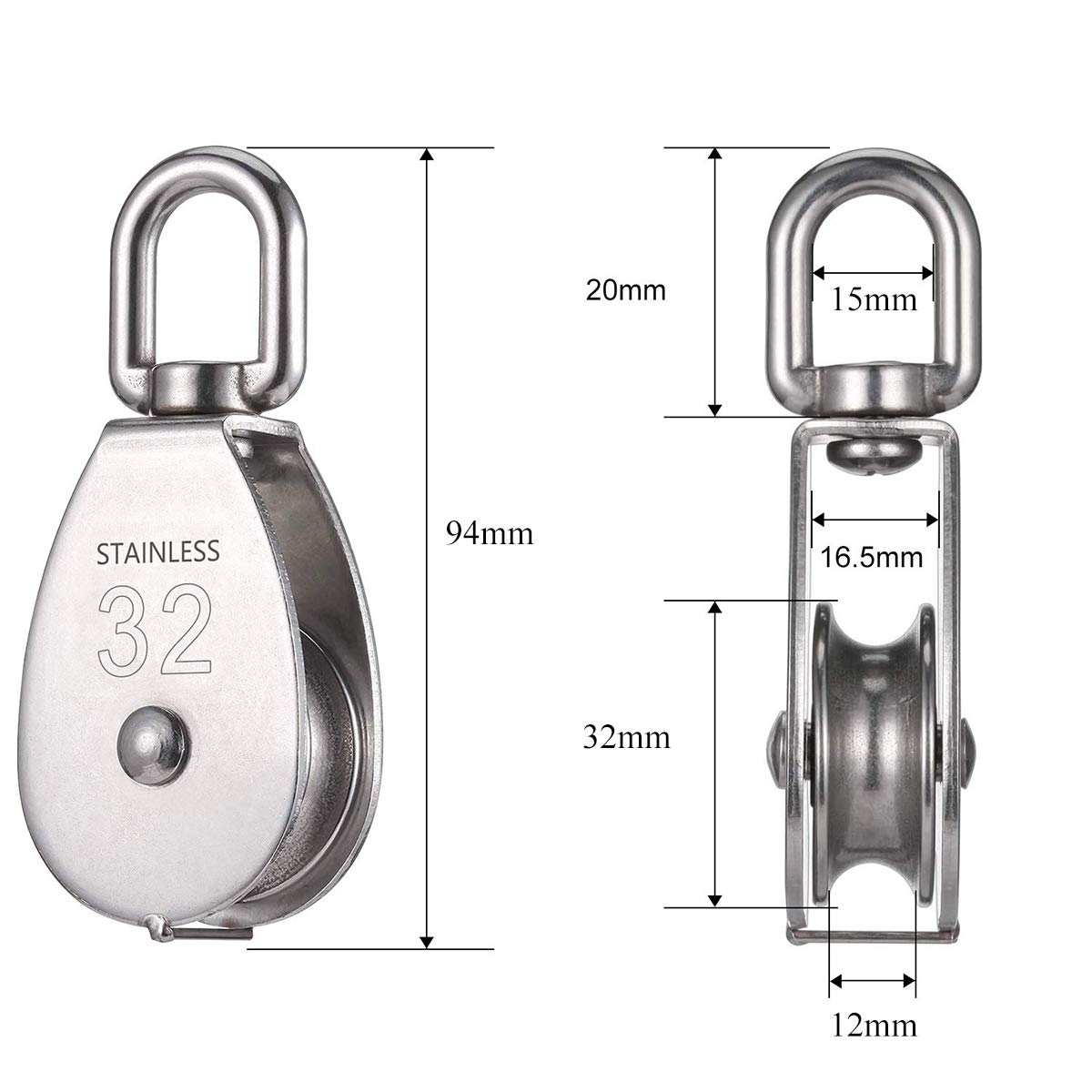 M32 Single Pulley Block 2-Pack - 304 Stainless Steel Heavy Duty Pulley With Swivel Hook 250kg Capacity
