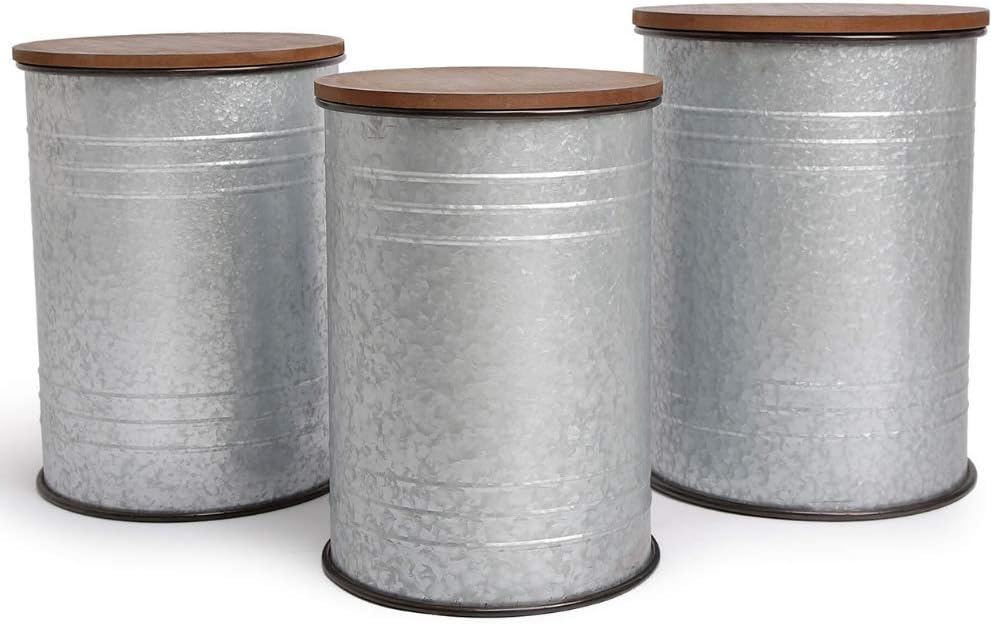 Farmhouse Accent Side Table - Galvanized Rustic End Table. Metal Storage Bin Wood Cover. Coffee or Cocktail Table. Nesting Pieces Three