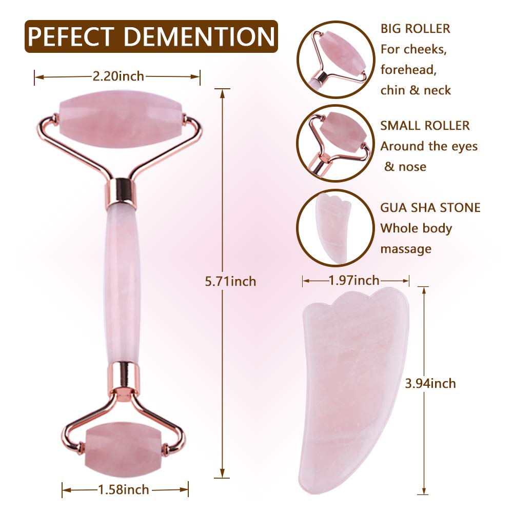 Jade Roller, Rose Quartz Roller and Gua Sha Tool, 100% Natural Jade Facial Roller Anti Aging Face Roller Massager