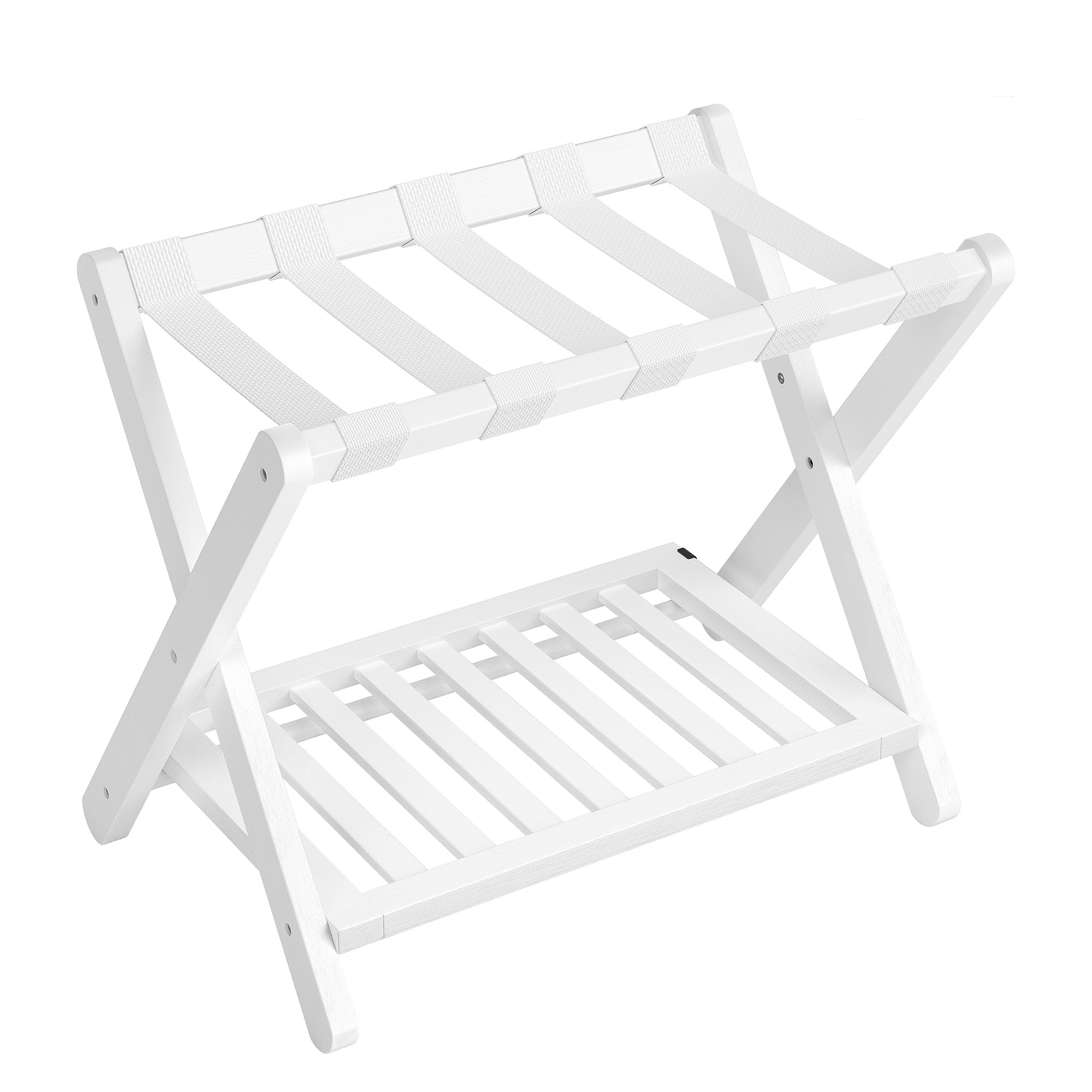 Photo 1 of **MINOR DAMAGE ON CONNECTOR**SONGMICS Solid Wood Luggage Rack, No Assembly Required, Foldable Suitcase Stand, Luggage Holder, with Storage Shelf, for Guest Room, Hotel, Bedroom, Cloud White URLR020W02
