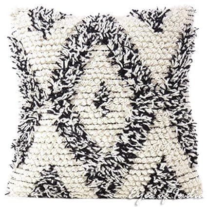 Eyes Of India 20 Black White Pillow Wool Embroidered On Cotton