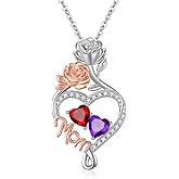 Mom Love Heart Necklace for Women 14K Rose Gold/White Gold Filled Double Birthstone Rose Flower Pendant Mother's Day Anniversary Valentine's Day Birthday Christmas Gifts for Grandmother Wife Her Mom