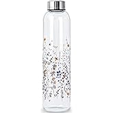WENLIM Clear Water Bottle 32 oz BPA Free Glass Drinking Bottle for Juice with Stainless Steel Lid and Neoprene Sleeve (32 ounce, Flourishing Flowers)