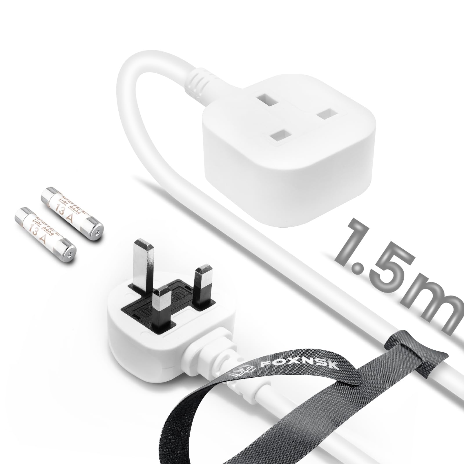 Single Plug Extension Lead 1.5m, 1 Gang Single Socket Extension Lead Surge Protected, 13amp 250V 3kw UK 3 Pin Fused Mains for Tumble Dryer, Rubber, Tough and Fireproof, White