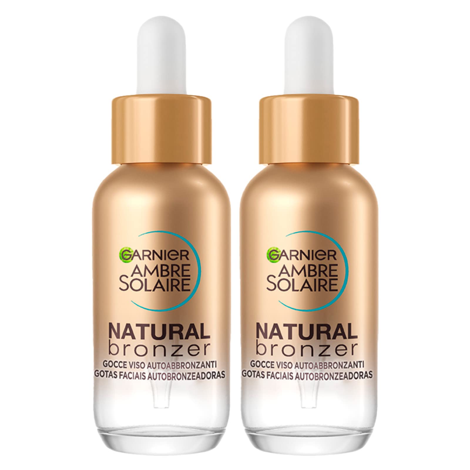 Garnier Ambre Solaire Natural Bronzer Self-Tanning Face Drops with Tanning Active of Vegetable Origin Vegan Formula Fragrance-Free with Hyaluronic Acid and Coconut Water - 2 Bottles of 30ml