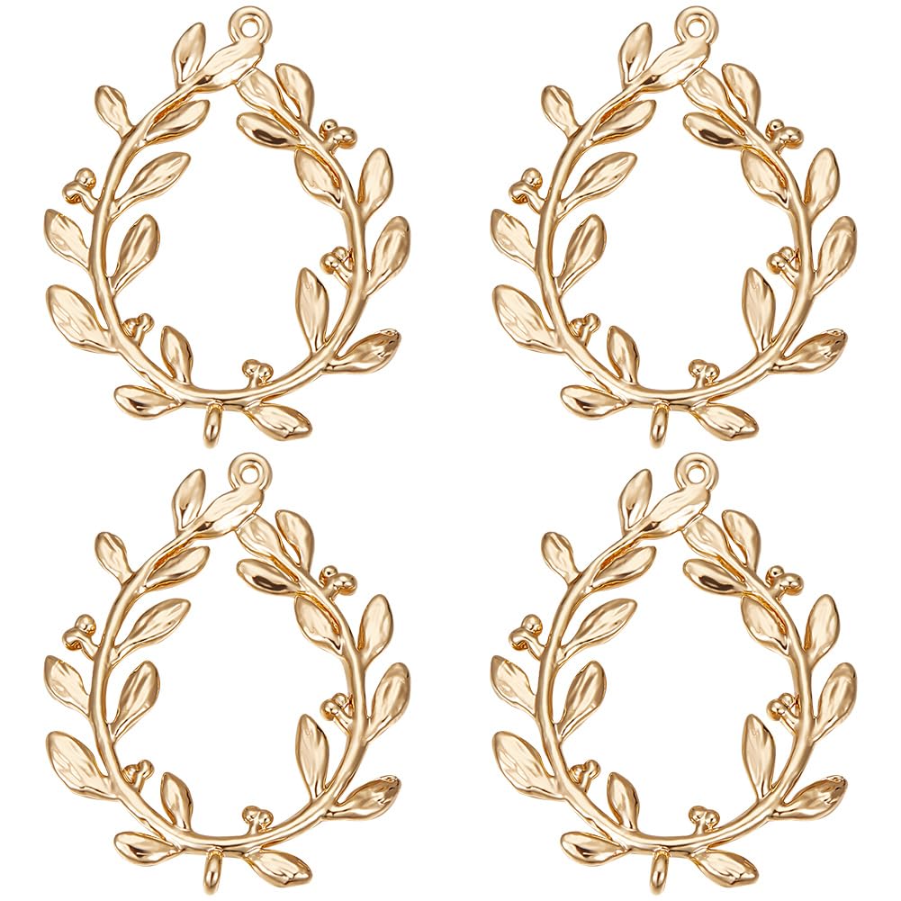 Beebeecraft 10Pcs Olive Branch Charm 18k Gold Plated Oval Circle Frame Leaf Pendant Charm Links Connectors for DIY Jewelry Findings Making Hole 1mm