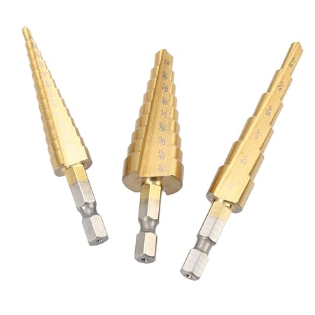 Generic 3 Pcs/set 1/4 Inch Hex Shank HSS Titanium Coated Straight Flute Step Drill Bits Essential Hardware Tool Pagoda Drill Bit Set