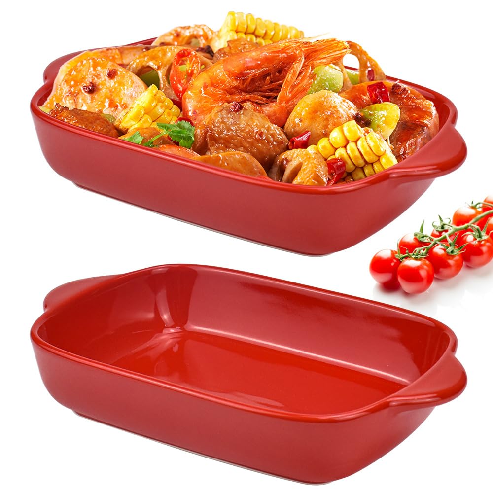 HEKOBAG 2PCS Lasagne Dish, 9x5 inch Rectangular Individual Oven to Table Bake Dish with Handles Ceramic Baking Pan Lasagna Casserole Pan Nonstick Ceramic Bakeware for Cooking, Cakes, Lasagna - Red