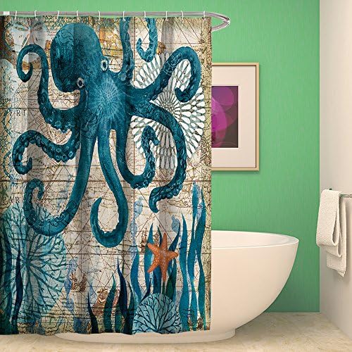 nancy123 Shower Curtain Bathroom Waterproof Octopus With 12 Hooks Mildew Resistant