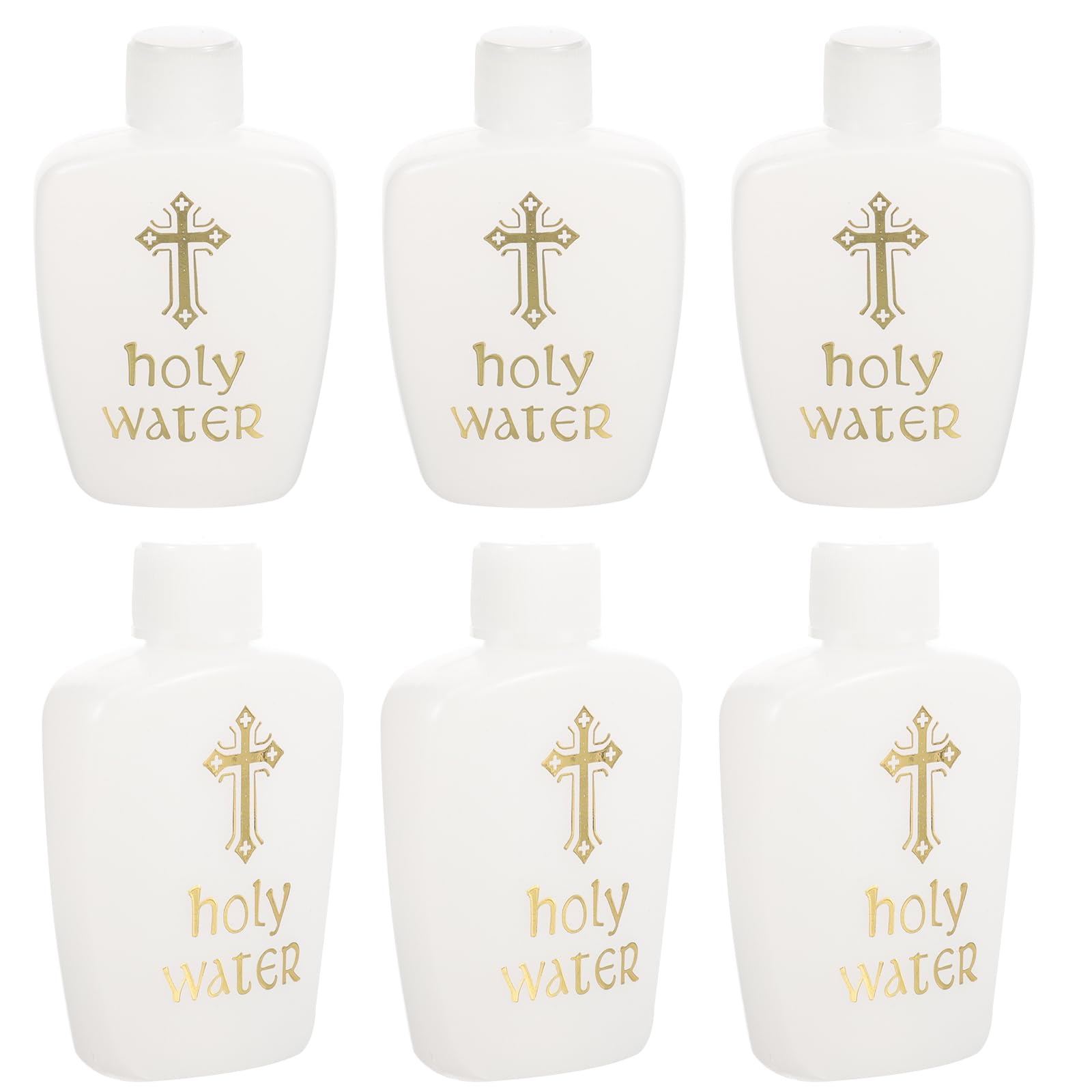 FOMIYES 6Pcs Empty Holy Water Bottles Set Refillable Party Water Bottle White with Gold Blocking Logo for Baptism and Exorcism (60ML)