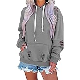 EADINVE Women's Hooded Sweatshirt Hollow Out Distressed Long Sleeve Drawstring Hoodie with Kangaroo Pocket