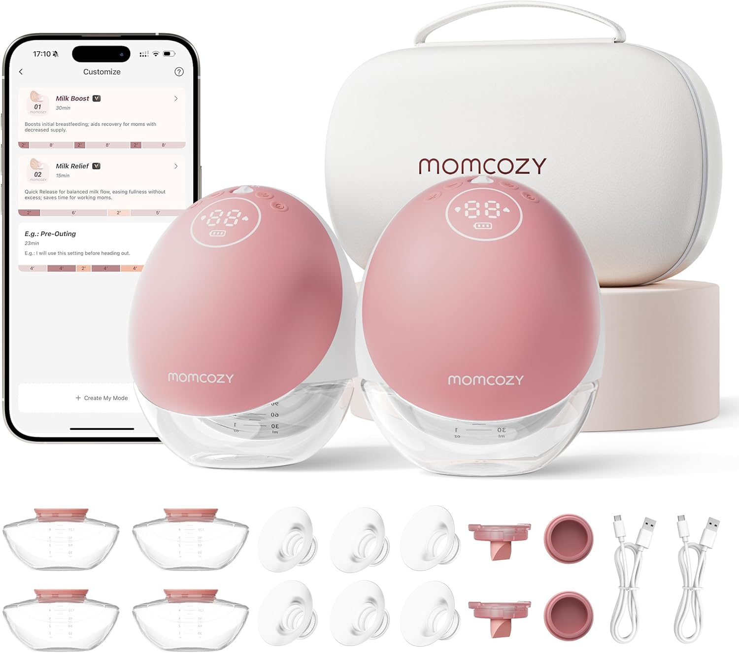 Momcozy Wearable Breast Pump, Hands Free Upgraded Mobile Flow | M9, App Discreet Control with Personalized Multi-Modes & 15 Levels, Wearable Breast Pump 24mm, 2 Pack Cozy Red Image