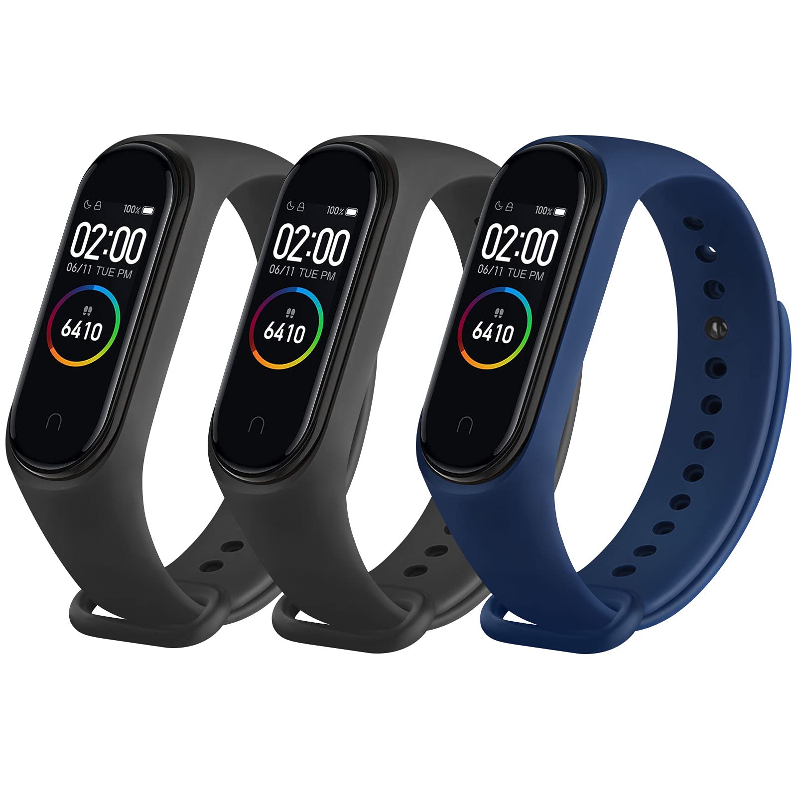 WOOZ [3 Pack] Straps for Xiaomi Mi Smart Band 4 / Mi Band 3, Colourful Replacement Bracelet in Anti-Lost Silicone Designed Fitness Tracker Accessories (Black,Black,Navy blue)