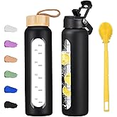 Olivego 32 oz Glass Water Bottle with 2 Lids-Handle Straw Lid & Bamboo Lid,1 Liter Motivataional Tumbler Water Bottle Time Marker, Borosilicate Glass Water Bottles With Silicone Sleeve, Leakproof