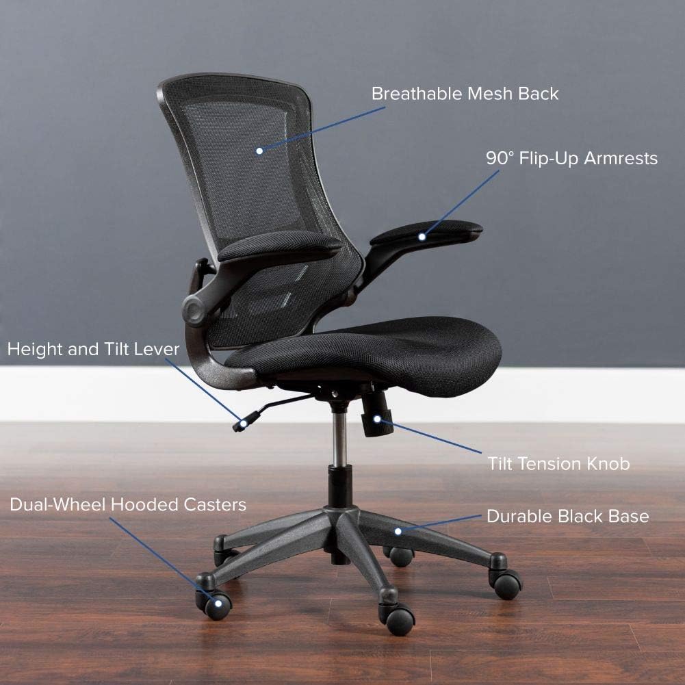 Flash Furniture Mid-Back Black Mesh Swivel Ergonomic Task Office Chair with Flip-Up Arms: Kitchen & Dining