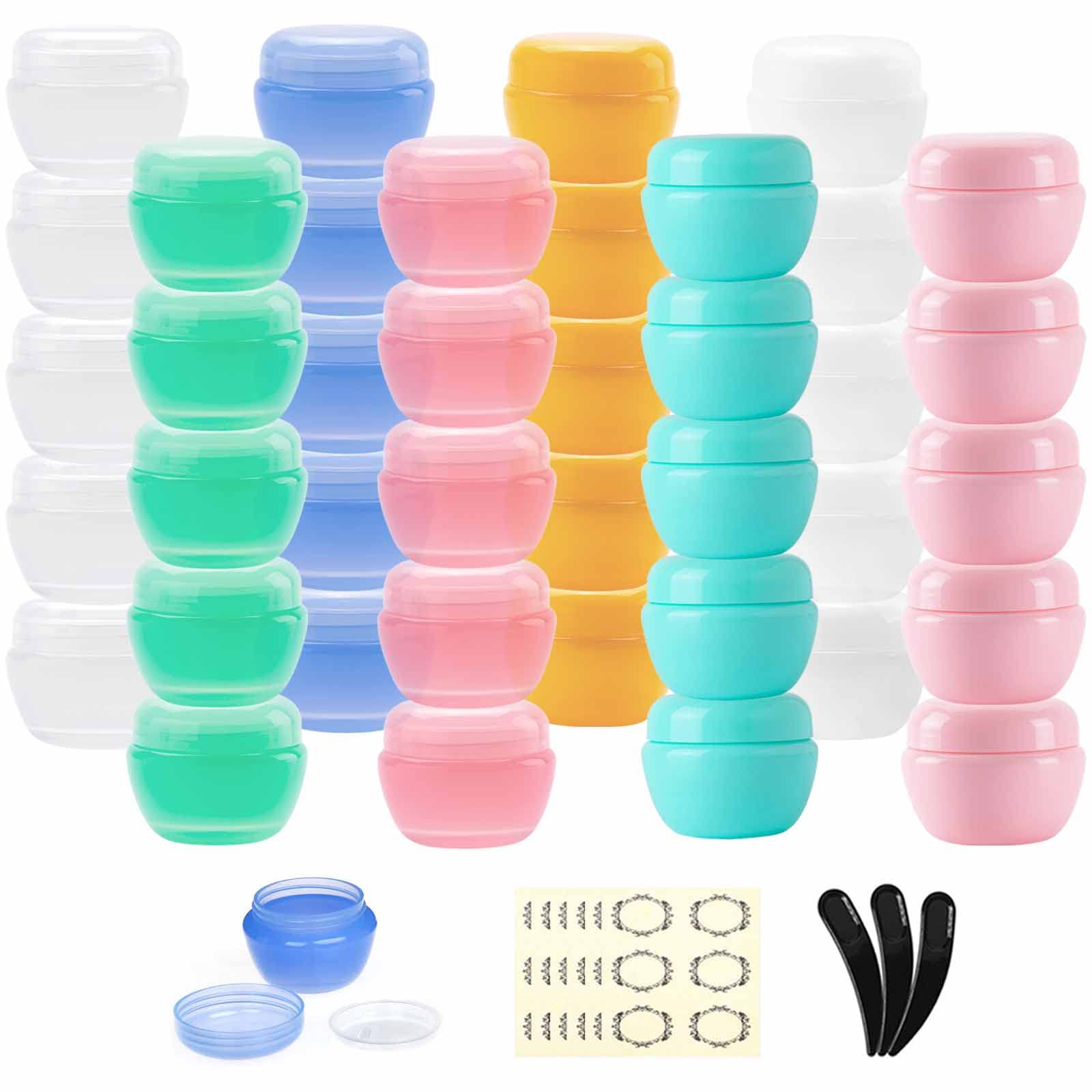 Alledomain 40pcs 5g/5ml Empty Cosmetic Sample Jars with 3Pcs Mini Spatulas & 42 Labels, Plastic Refillable Cream Lotion Storage Container Travel Pots with Lids & Inner Liners for Makeup Beauty Nails