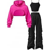 ZGKB Kids-Tween Girls Clothing,3-Piece Teen Girls Outfit Set, Cropped Hoodie,modischer Outfit, Black Tank Top and Cargo Pants