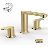 BWE Brushed Gold Bathroom Faucet 3 Hole 8 Inch Widespread Sink Faucets | Stainless Steel Bathroom Faucets with Pop-up Drain and Supply Lines, 360&deg; Swivel Spout 2-Handle Sink Faucet for Bath Vanity