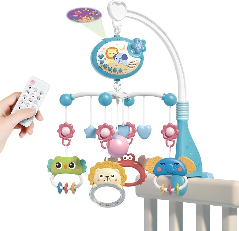 Aolso Baby Crib Toy Star Mobile Music Lights Remote Timer Blue