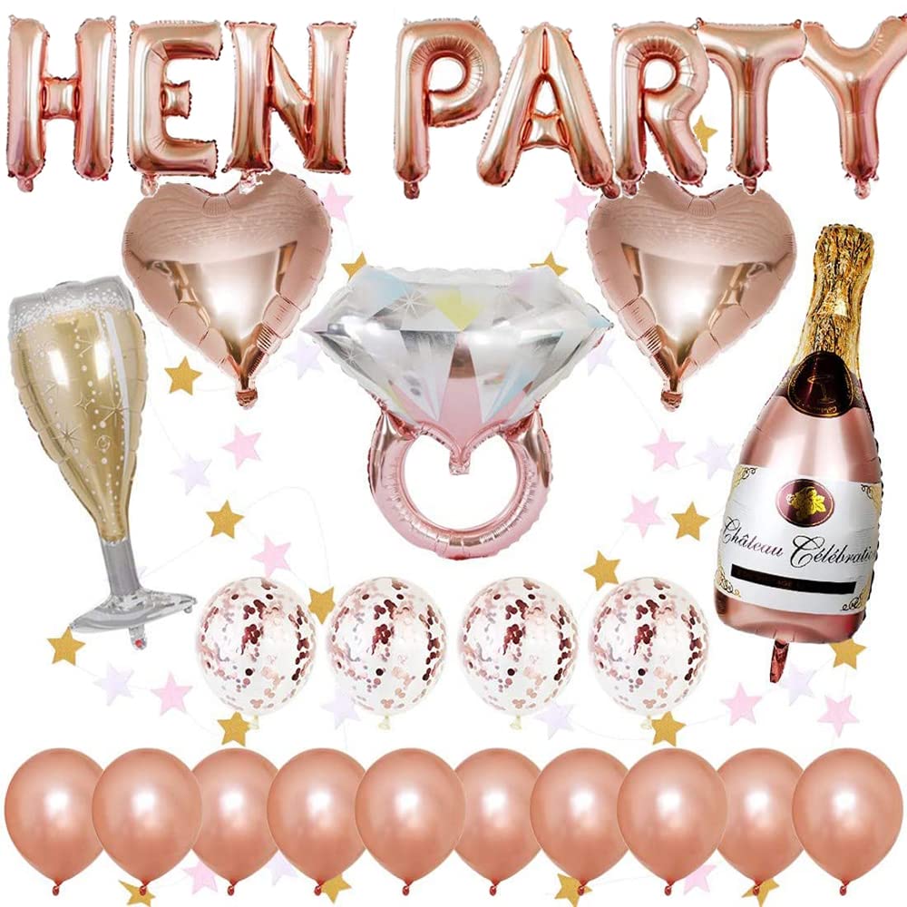 DOJoykey Rose Gold Hen Party Decoration - 14 Latex Balloons, 5 Foil Balloons, Hanging Garland for Bridal Shower