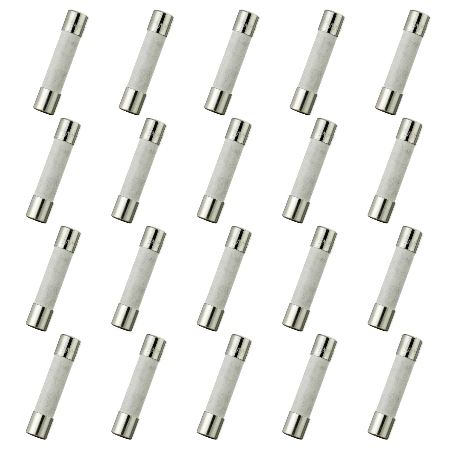 HUAREW T2AL250V 20 Pcs 6x30 mm 0.24 x 1.18 inch Slow Blow Ceramic Tube Fuses 2A 250V
