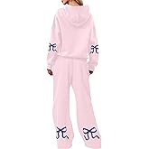 OLAPTA Women 2 Piece Outfits Bow Print Long Sleeve Hoodies Sets Graphic Sweatshirts Baggy Wide Leg Sweatpants Fall Sweatsuits