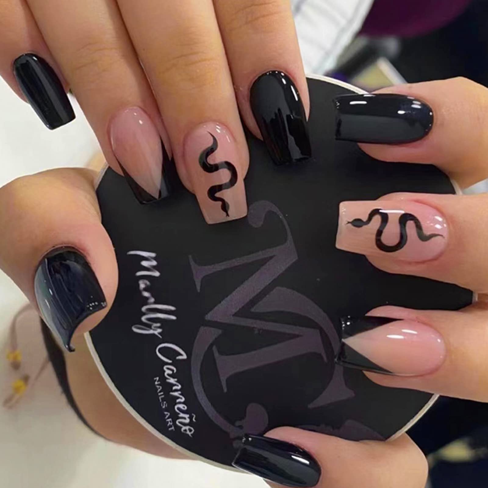 24Pcs Black Press on Nails Short, Square False Nails Snake Design Glossy Stick on Nails, Daily Wear Artificial Full Cover Fake Nail for Nail Art Manicure Decoration — image 1