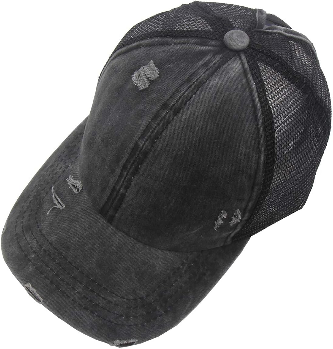 Criss Cross Baseball Caps, Women Ponytail Mesh Hat Distressed High Messy Bun Trucker Ponycap (Black, One Size) at  Women’s Clothing store