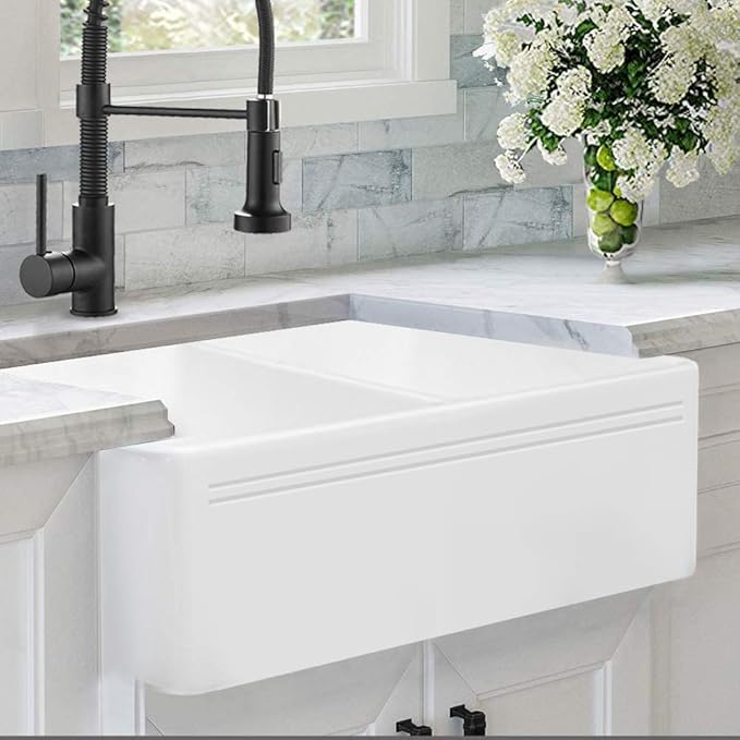 ALWEN 33 inch Fireclay Farmhouse Double Basin ApronFront Kitchen Sink