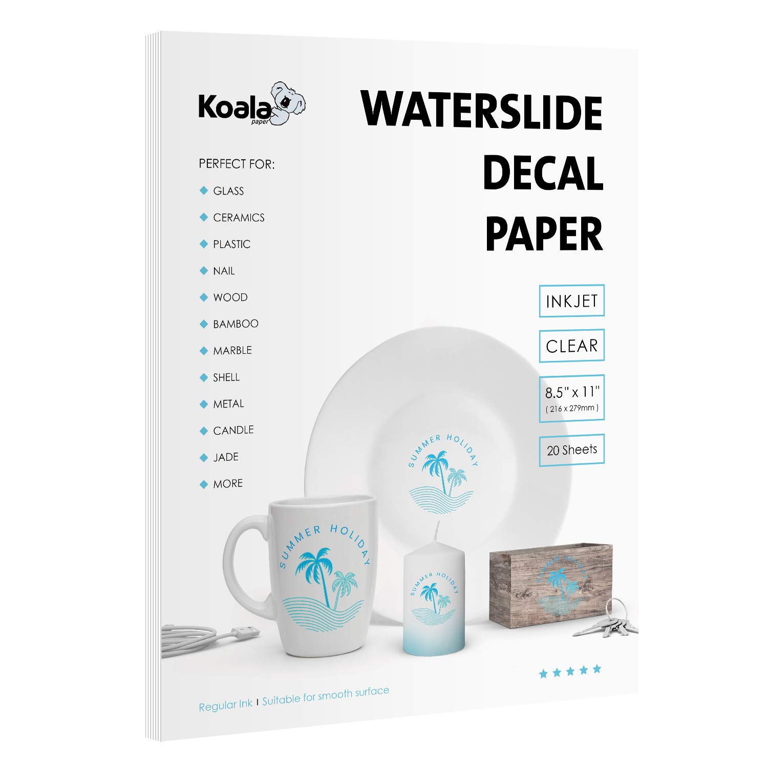 Photo 1 of Koala Waterslide Decal Paper INKJET CLEAR, 20 Sheets 8.5x11 Inch Water Slide Transfer Paper Transparent Printable Waterslide Paper for DIY Tumbler, Mug, Nails