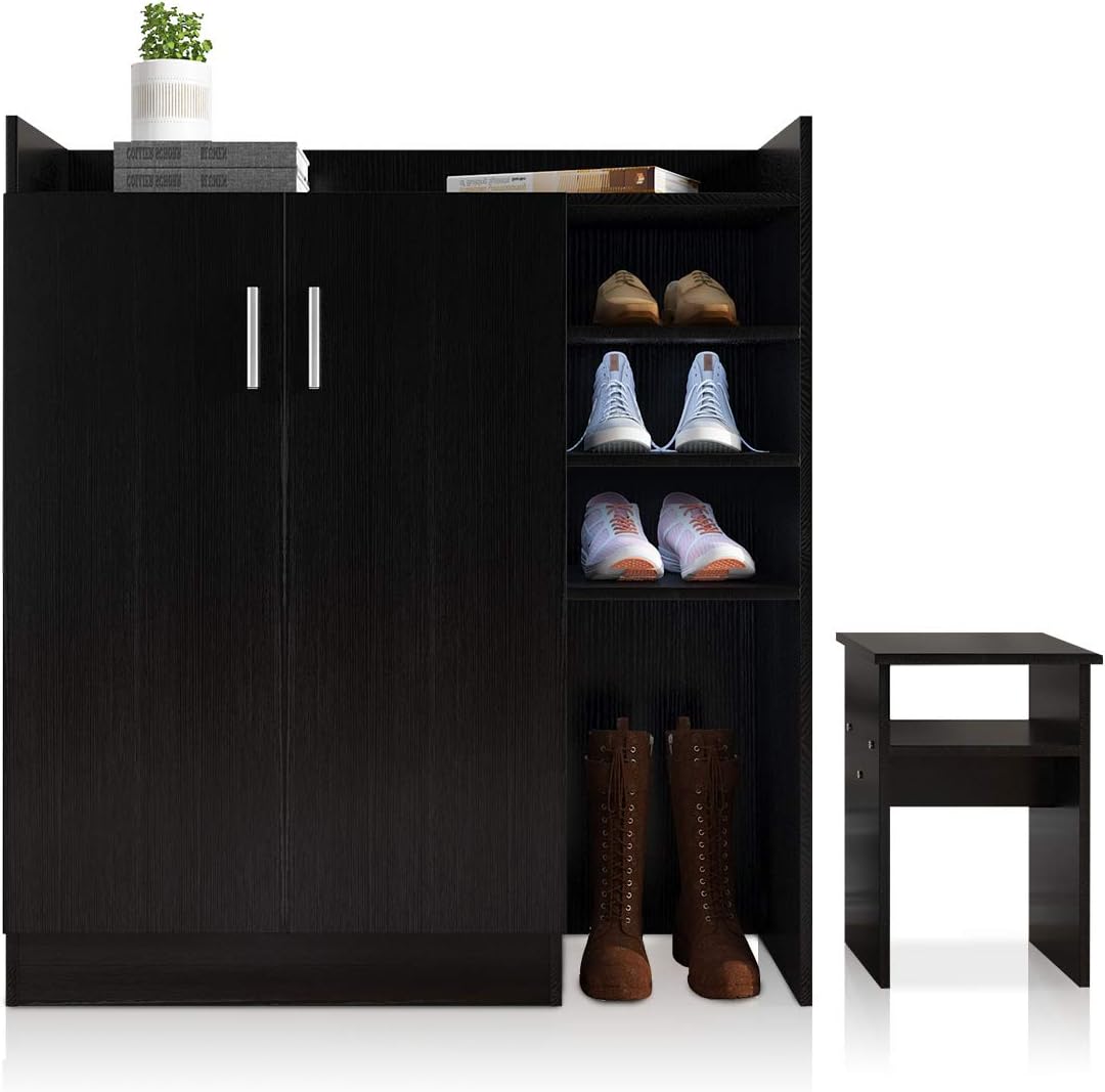 Luxsuite shoe storage cabinet, wooden shoe rack with 4 tier shoe rack and 1 chair, black