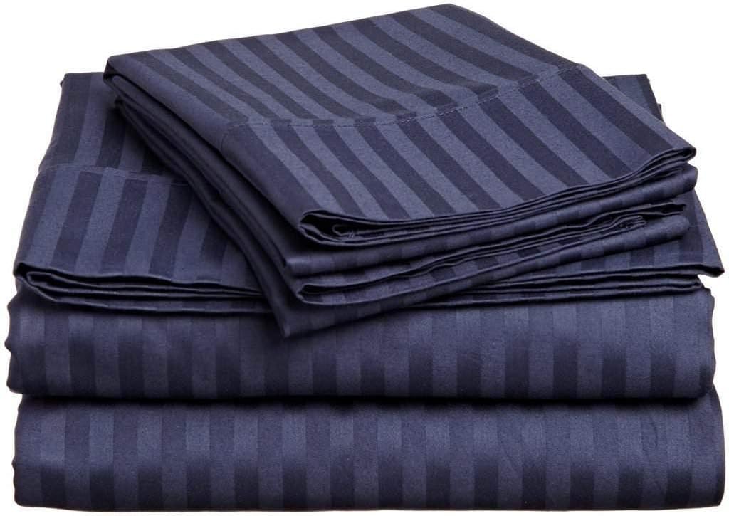 4 PC Bedding Sheet Set 6-12" Deep Pocket 400 TC 100% Cotton -Designed for Your Bedrooms,RV,Campers,Boat and motorhomes Easy to fit in Any Mattress - Navy Blue Stripe(72 x 75) RV King