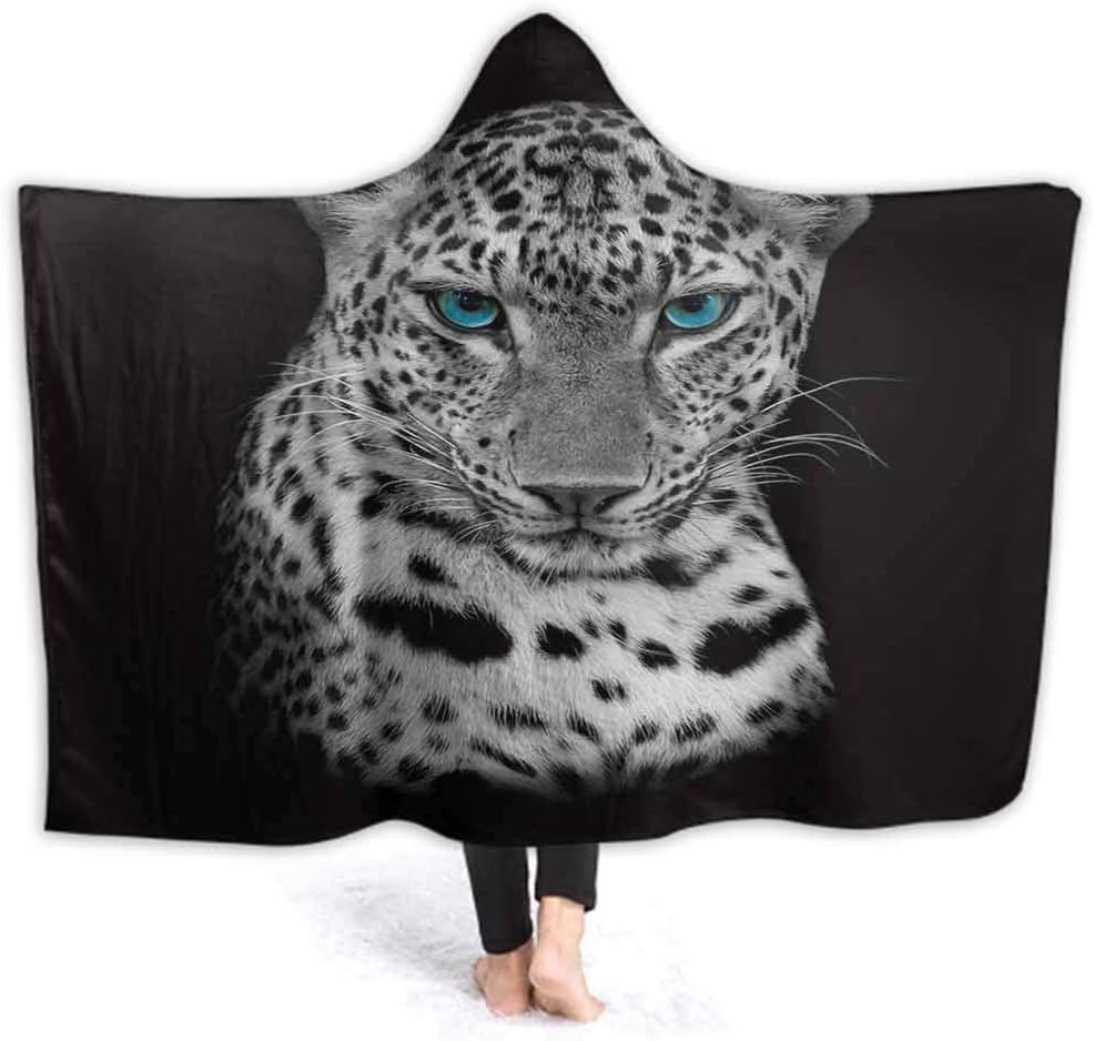 prunushome Hooded Blanket for Girls Leopar Portrait Adults Warm Plush TV Wearable Lap Elderly Blanket Sherpa for Women & Girl, 50W by 40H Inches
