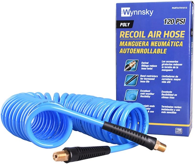 WYNNsky 25 Feet Polyurethane Coiled Air Compressor Hose, 1/4 Inch MNPT Brass Swivel Air Fittings with Bend Restrictor - - 