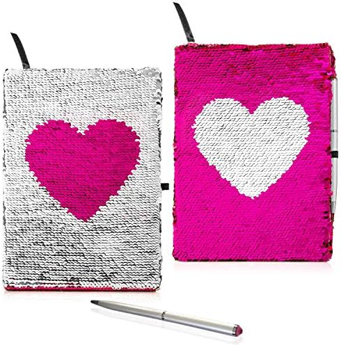 TwerpSequin Journal for Girls - Includes Gem-top Pen | Reversible Sequin Heart Diary | Perfect Notebook for Girls