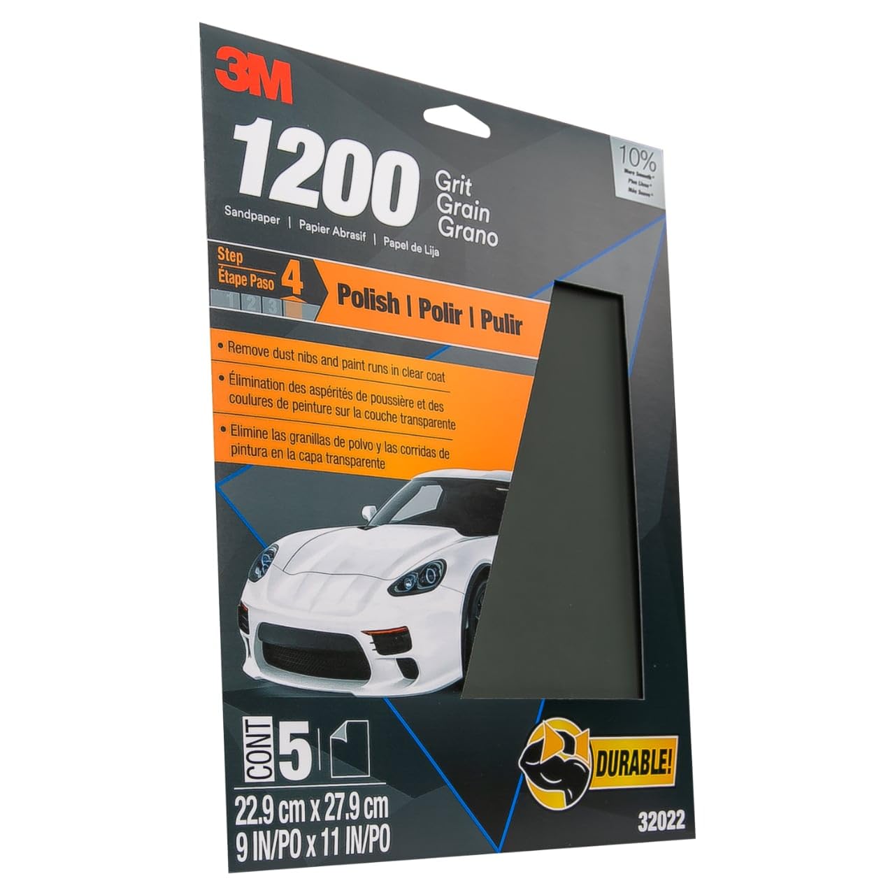 3M Wetordry™ Sandpaper, 1200 Grit, 9 in x 11 in, 5 Sheets, Use for Wet and Dry Sanding, Longer Lasting Sandpaper, Great for Auto Body Repair, Smooth Finish, Waterproof Backing for Wet Sanding (32022)
