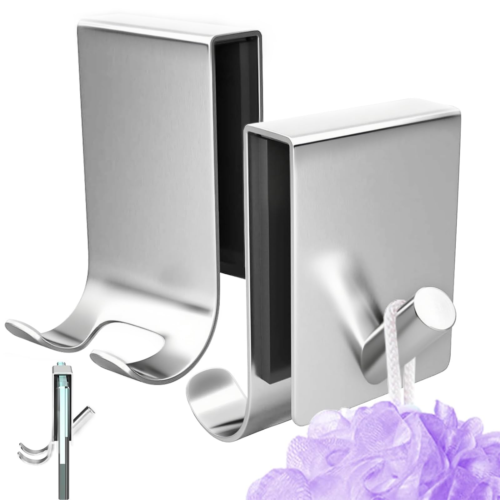 Cimown 2 Pcs Shower Glass Door Hooks, Shower Screen Hooks, No Drilling, with Protective Backing, Stainless (Silver, Short-Length, Two Hooks)