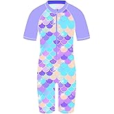 TFJH E 1PCS Girls Short Sleeve Swimsuits UV 50+ Bathing Suits Sunsuits Zipper 2-14Y