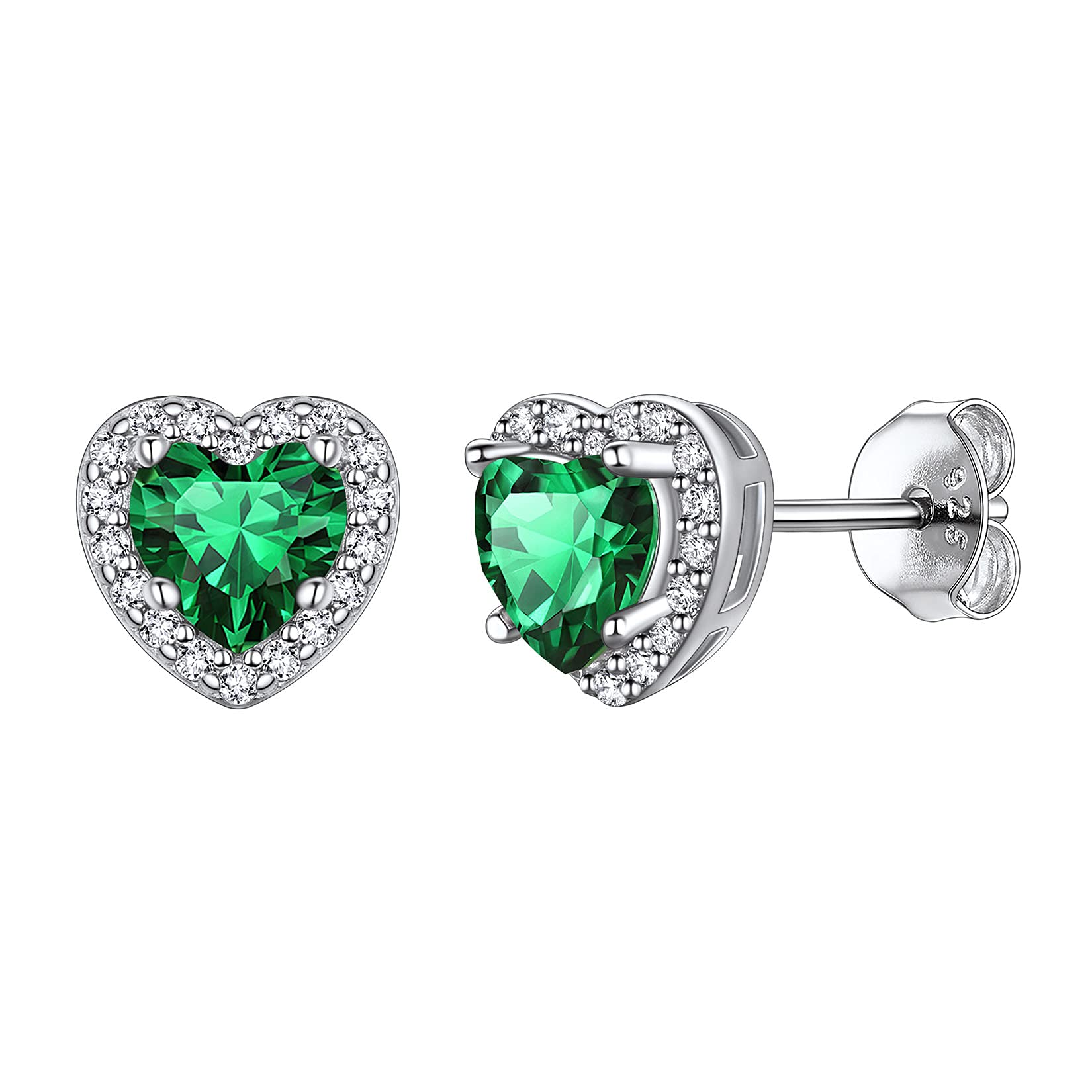 925 Sterling Silver Heart Brilliant Cut Cubic Zirconia CZ Halo Stud Earrings for Women Girls Tiny Cute Comfy Created Green Emerald May Birthstone Hypoallergenic Wedding Bridesmaid Earrings