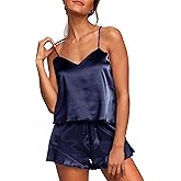 Aamikast Womens Silk Satin Pajama Sets Sexy Cami Ruffled Shorts Sets 2 Piece Pjs Sleepwear