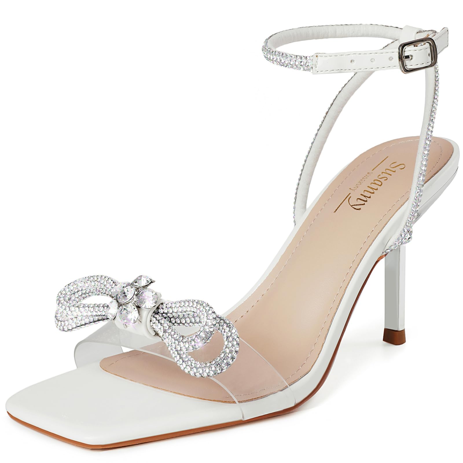 Susanny White Heels for Women Rhinestone Wedding Strappy Sandals Sparkly Clear Bow Kitten Heels Sexy Ankle Strap Bridal Party Dress Shoes 10.5 Image Susanny White Heels for Women Rhinestone Wedding Strappy Sandals Sparkly Clear Bow Kitten Heels Sexy Ankle Strap Bridal Party Dress Shoes 10.5 Image