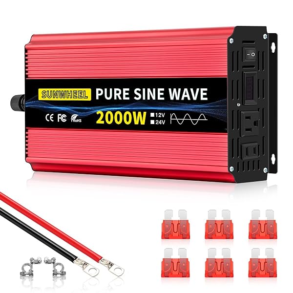 SUNWHEEL 2000W PURE SINE WAVE INVERTER, 12V DC TO 110V/120V AC POWER INVERTER FOR RV、MICROWAVE、OFF GRID、TRUCK、REFRIGERATOR、AIR CONDITIONER WITH 2 AC OUTLETS AND LCD DISPLAY