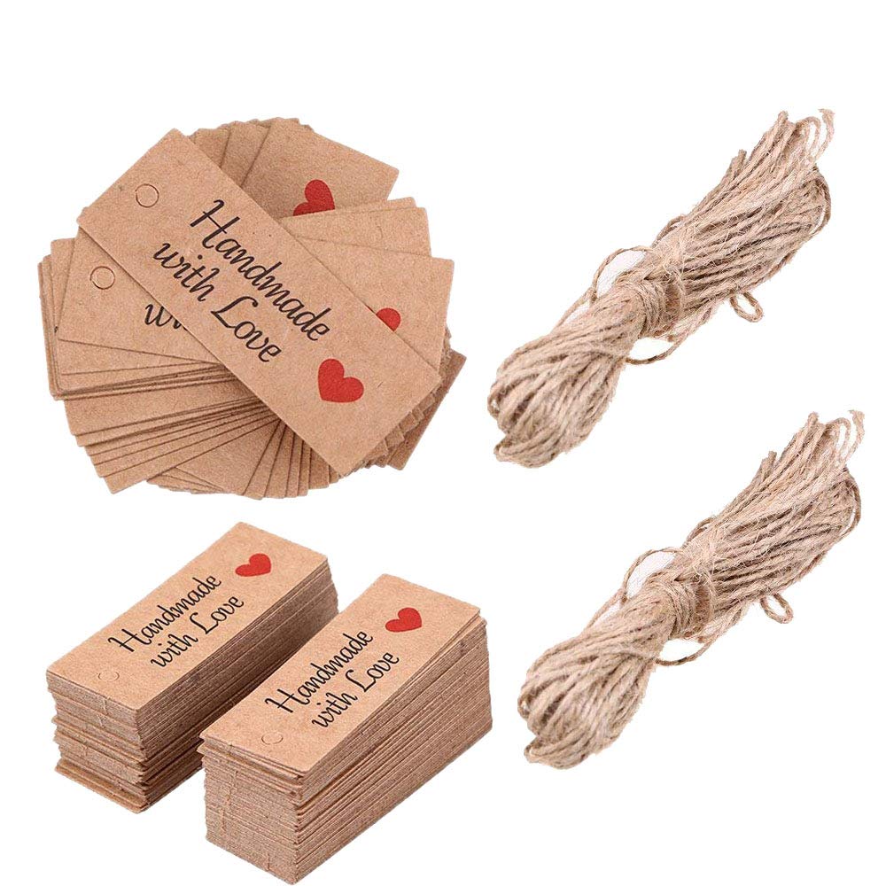 SZETOSY Wedding Gift Tags With Twine - GOODCHANCEUK 200 PCS Kraft Paper Handmade With Love Label Tag/Tie On Luggage Labels Brown Handicraft String Hang Tag
