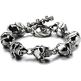 COOLSTEELANDBEYOND Gothic Biker Link of Skulls Bracelet for Men Silver Color High Polished